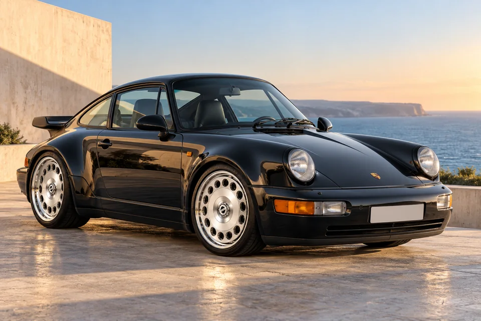 Black Porsche 964 Turbo on polished vented disc wheels with covered STRAKE centres, parked beside a coastal concrete terrace.