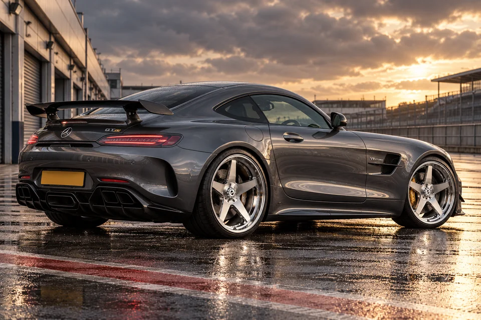 Graphite Mercedes-AMG GT R on polished five-spoke wheels in a circuit paddock at sunset.