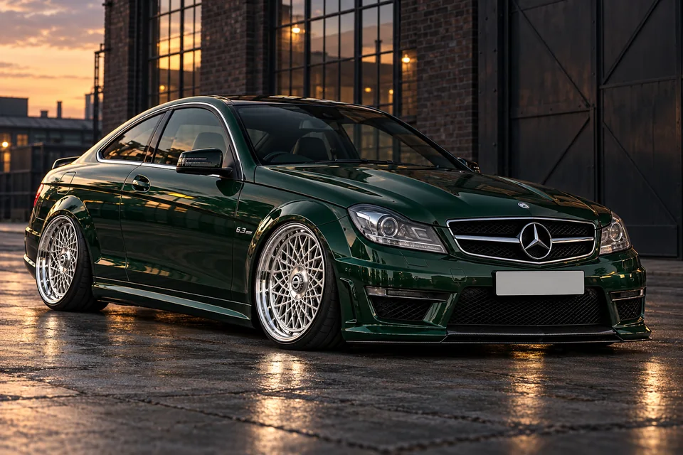 Deep green Mercedes-Benz C63 AMG coupe with polished basketweave wheels at dusk.