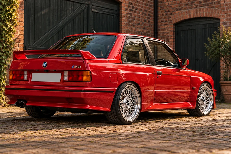 Red BMW E30 M3 on polished basketweave wheels with covered STRAKE centres, parked low in a brick courtyard.