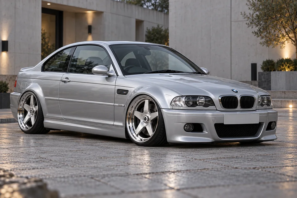 Silver BMW E46 M3 wearing STRAKE wheels, an example of the range