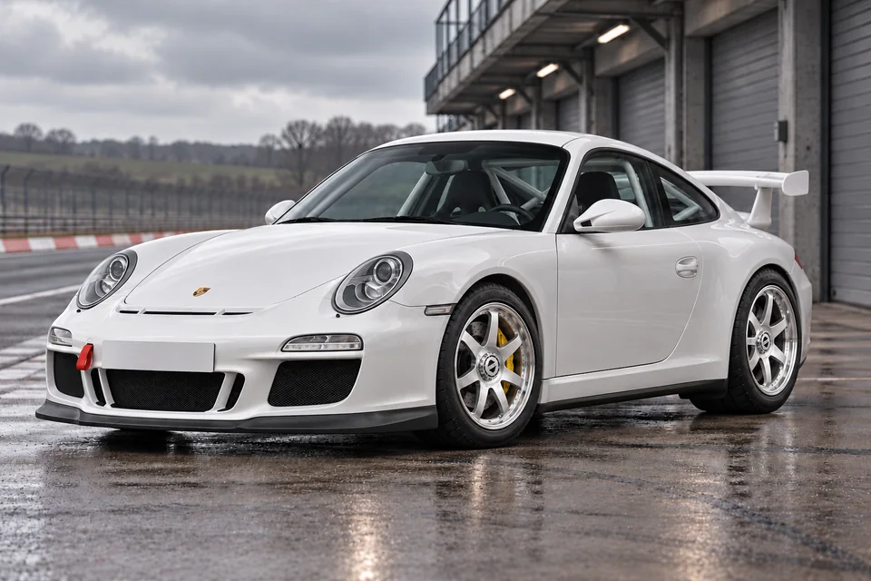 White Porsche 997 GT3 with polished seven-spoke wheels and covered STRAKE centrelock hubs, substantial track tyres and a roll cage, parked in a pitlane.