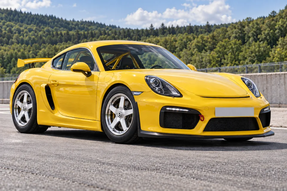 Yellow Porsche Cayman 981 GT4 on polished five-spoke wheels with covered STRAKE centres and substantial track tyres beside a circuit pitwall.