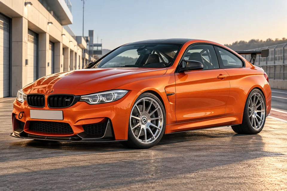 Orange BMW M4 F82 on polished straight-spoke wheels and track tyres, with a cage and fixed rear wing in a pitlane.