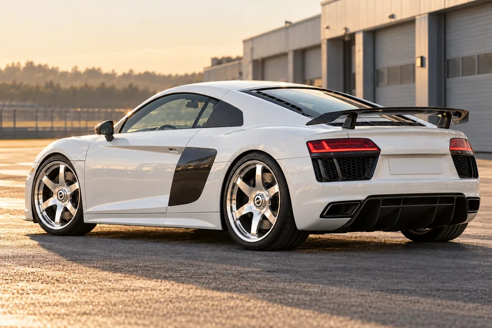 White second-generation Audi R8 V10 Plus on polished six-spoke wheels with covered STRAKE centres, parked in a sunlit circuit paddock.