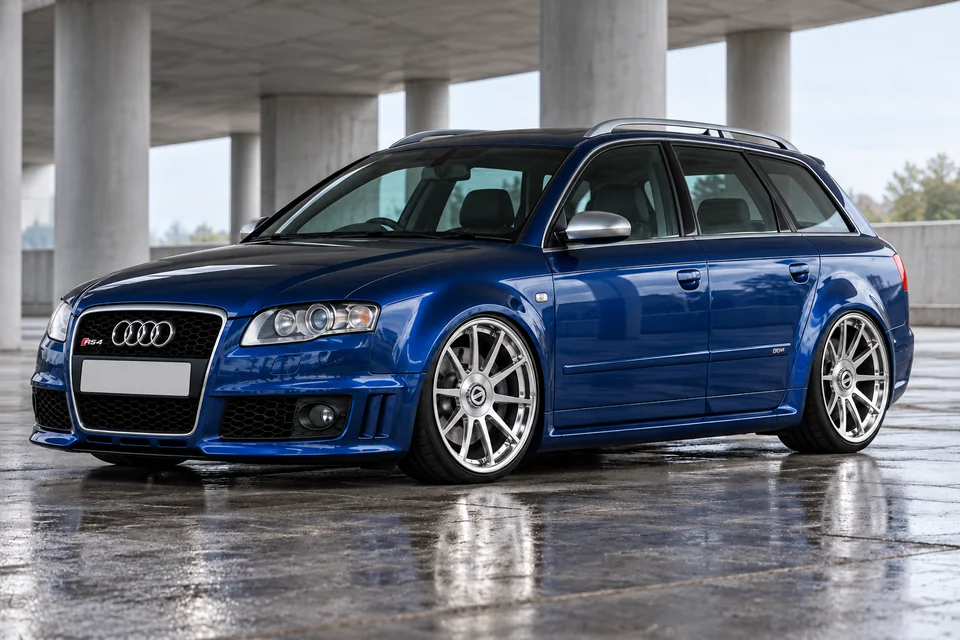 Deep blue Audi RS4 B7 Avant on polished straight-spoke wheels with covered STRAKE centres, parked low beneath concrete architecture.